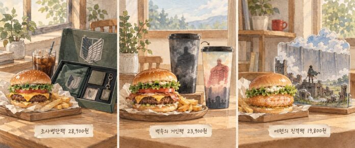 콜라보 세 팩의 버거와 굿즈 구성, 안내 가격을 비교한 모습입니다.