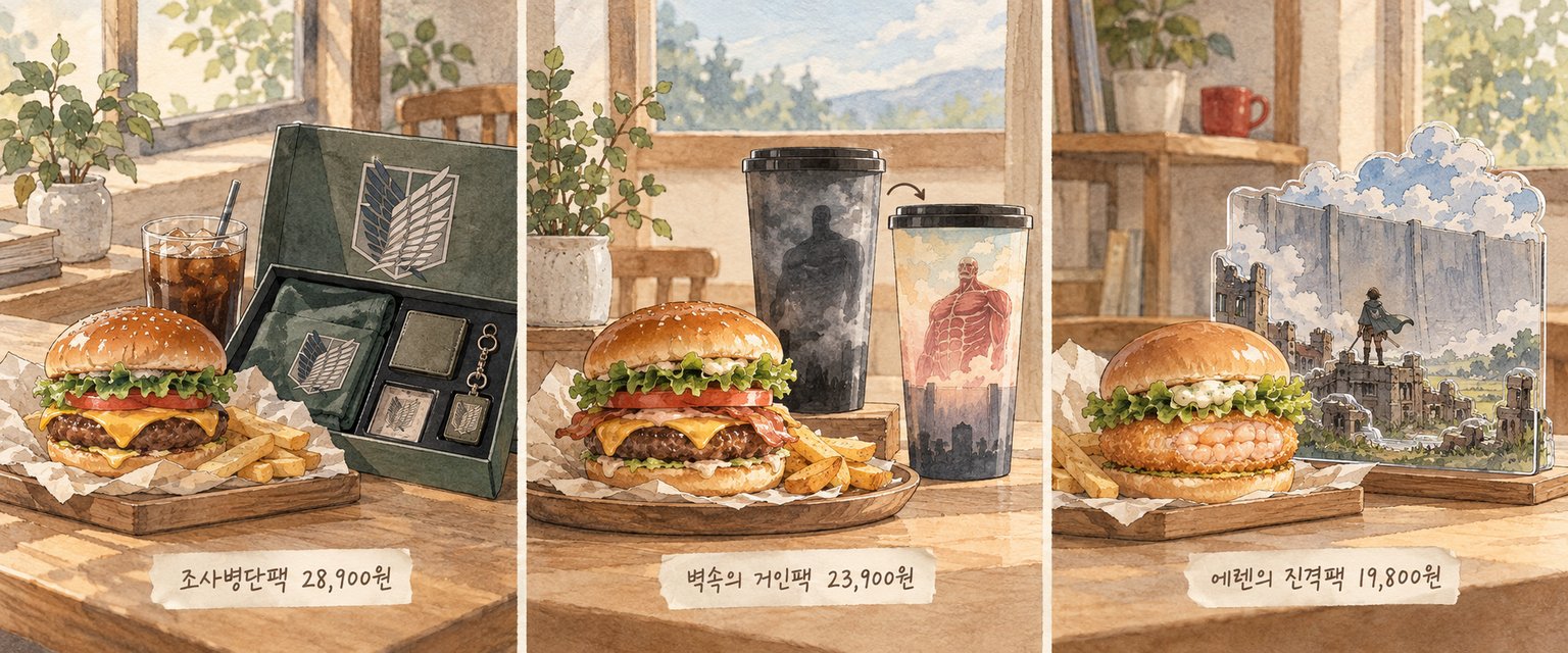 콜라보 세 팩의 버거와 굿즈 구성, 안내 가격을 비교한 모습입니다.