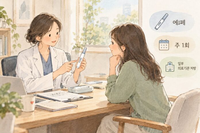진료실에서 에페의 주 1회 투여와 처방 가능 여부를 설명하는 장면.