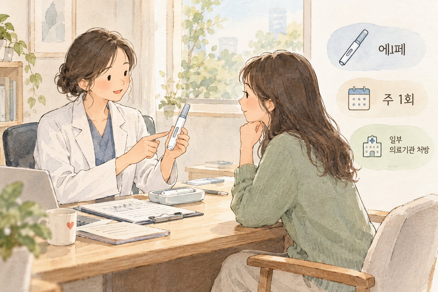 진료실에서 에페의 주 1회 투여와 처방 가능 여부를 설명하는 장면.