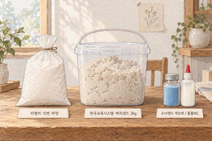 석면 검출 색모래로 안내된 세 제품의 이름과 형태를 나란히 보여준다.