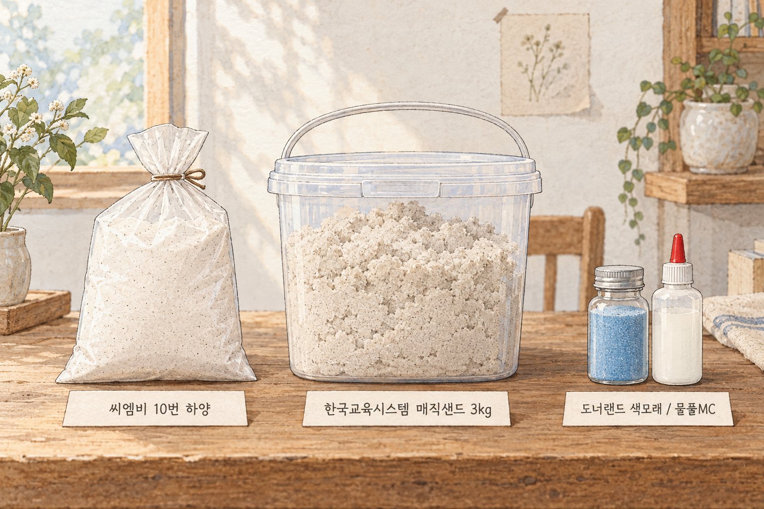 석면 검출 색모래로 안내된 세 제품의 이름과 형태를 나란히 보여준다.
