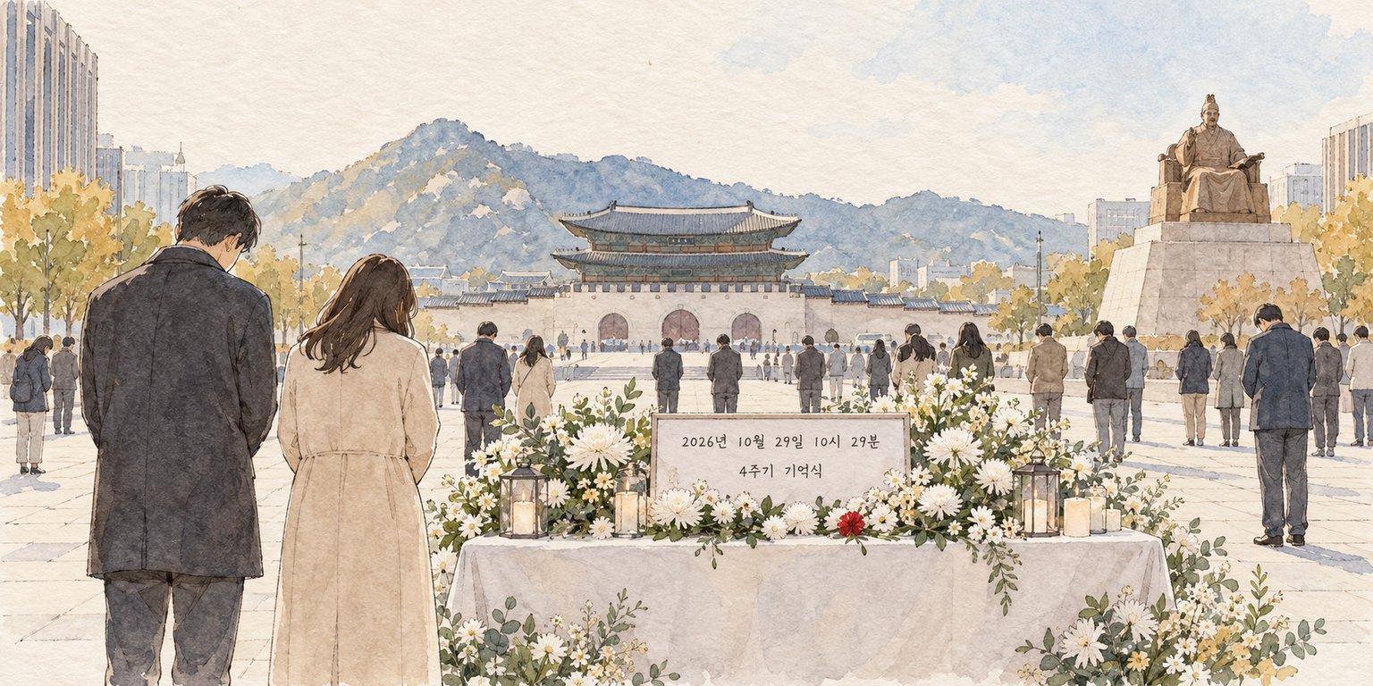 광화문광장 4주기 기억식에서 참석자들이 묵념하는 모습이다.
