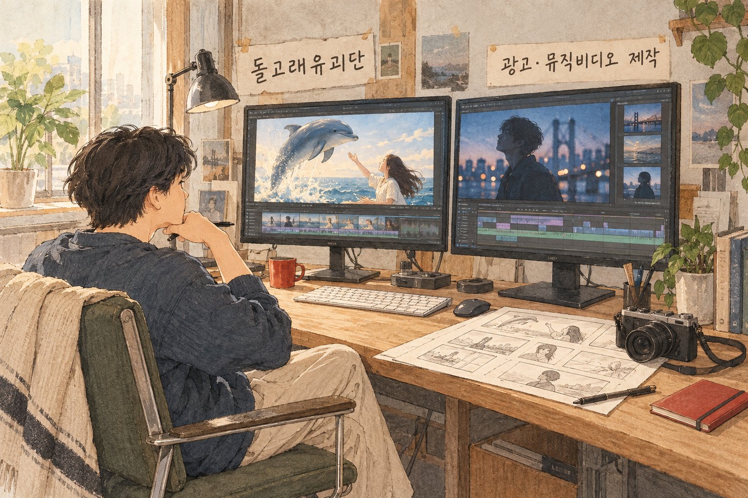 돌고래유괴단의 광고와 뮤직비디오 제작 업무를 나타낸 장면이다.