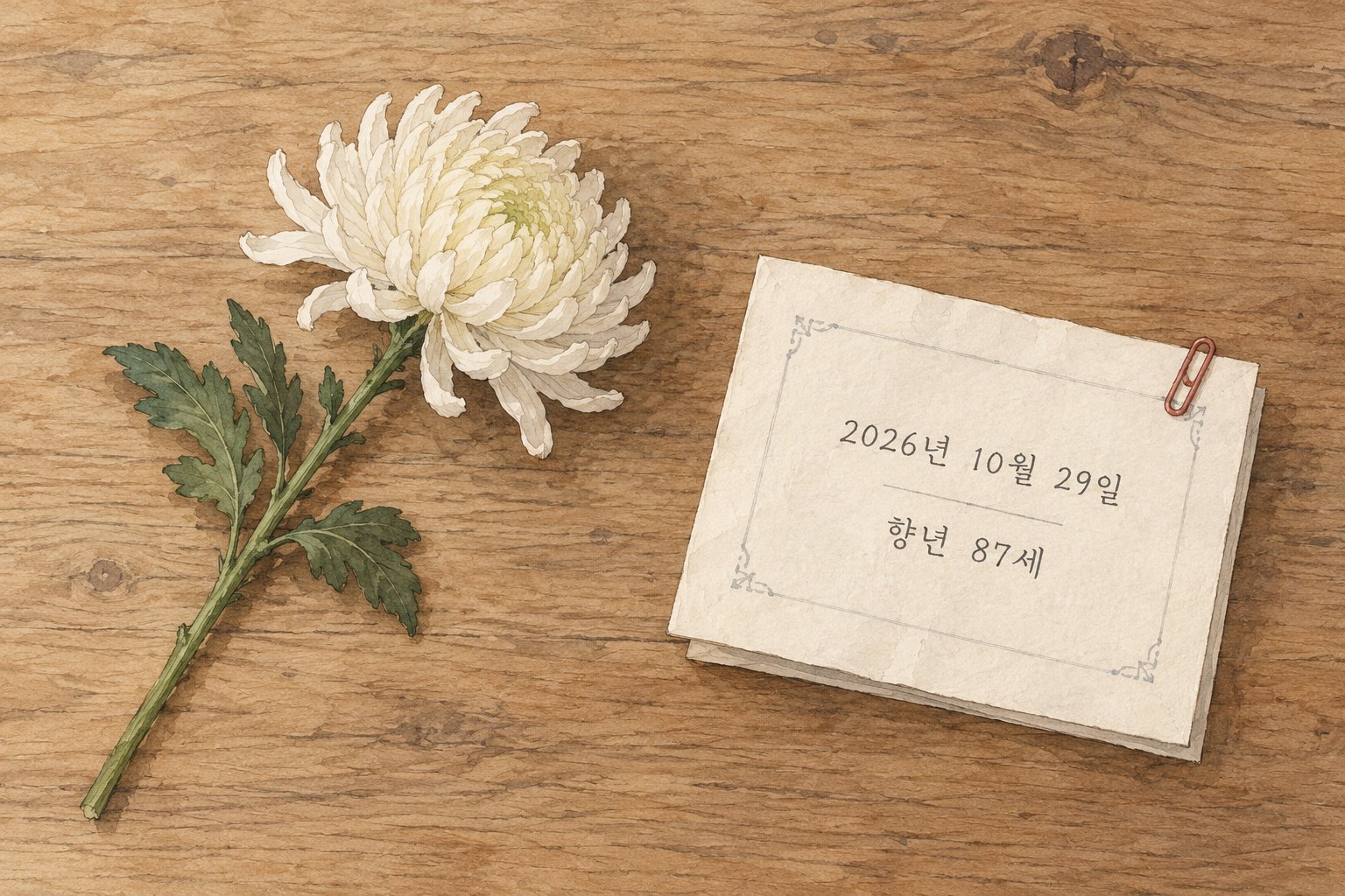 국화와 부고 안내문에 최불암의 별세 날짜와 향년이 적혀 있다.