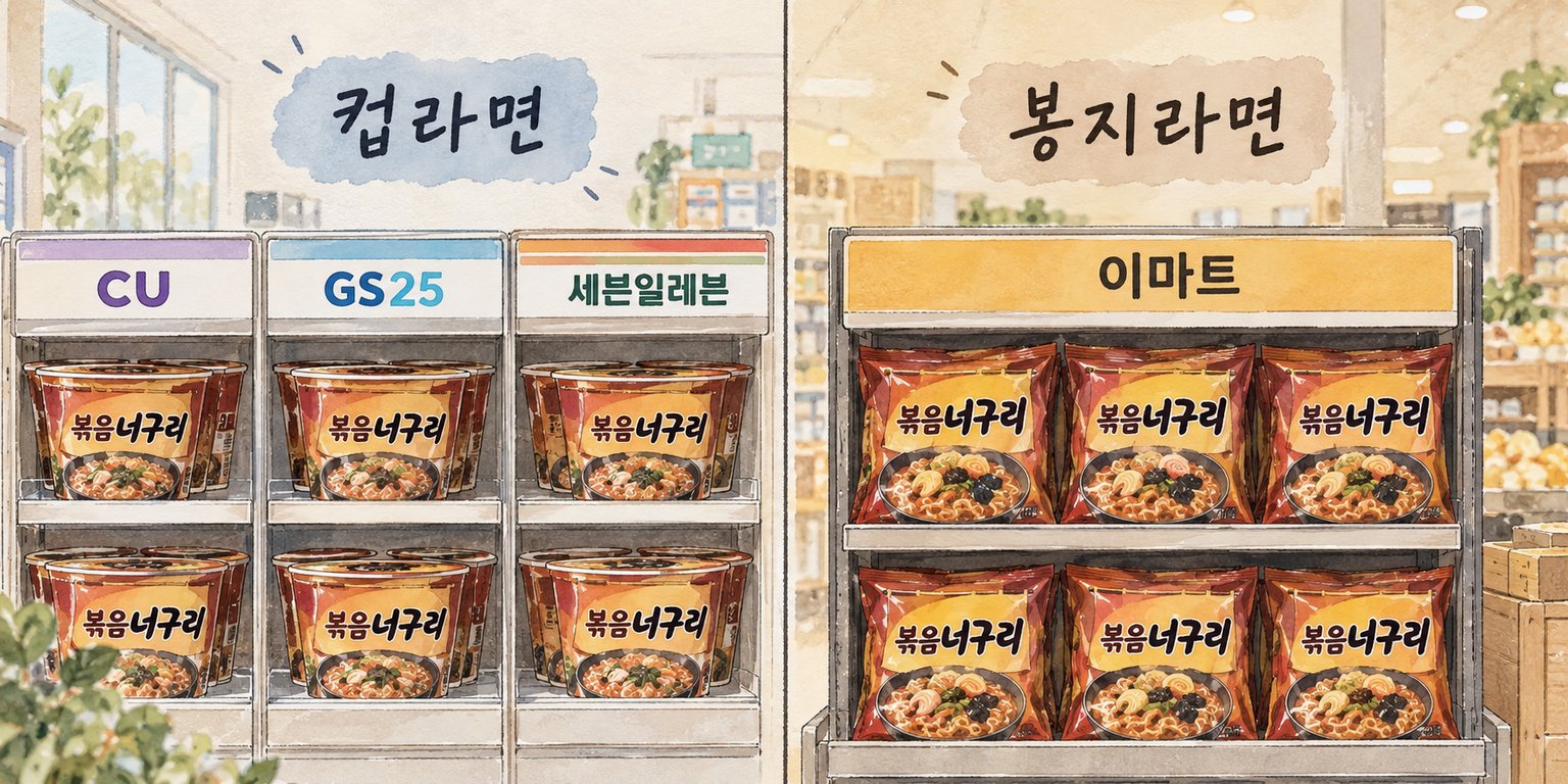 볶음너구리 컵라면과 봉지라면을 찾을 수 있는 판매처를 비교한 모습이다.