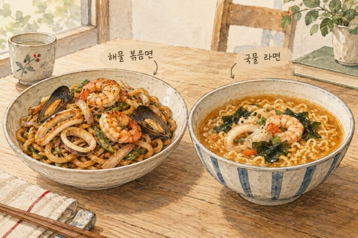 일반 너구리와 볶음너구리의 국물 여부와 조리 형태 차이를 보여주는 비교 이미지입니다.