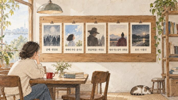 최우수작품상 후보 다섯 편과 각 작품의 감독을 보여준다.