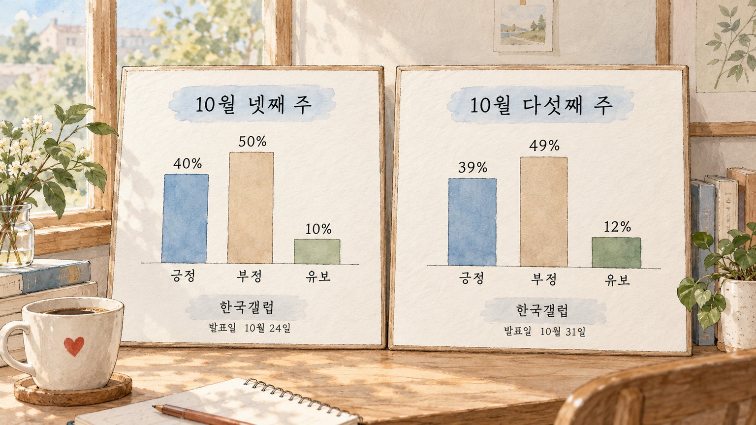 한국갤럽의 10월 넷째 주와 다섯째 주 대통령 직무수행 평가를 비교한 그림이다.