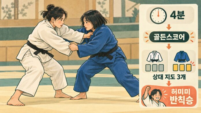 허미미의 동메달 결정전이 연장전에서 상대의 세 번째 지도로 끝나는 과정을 보여준다.