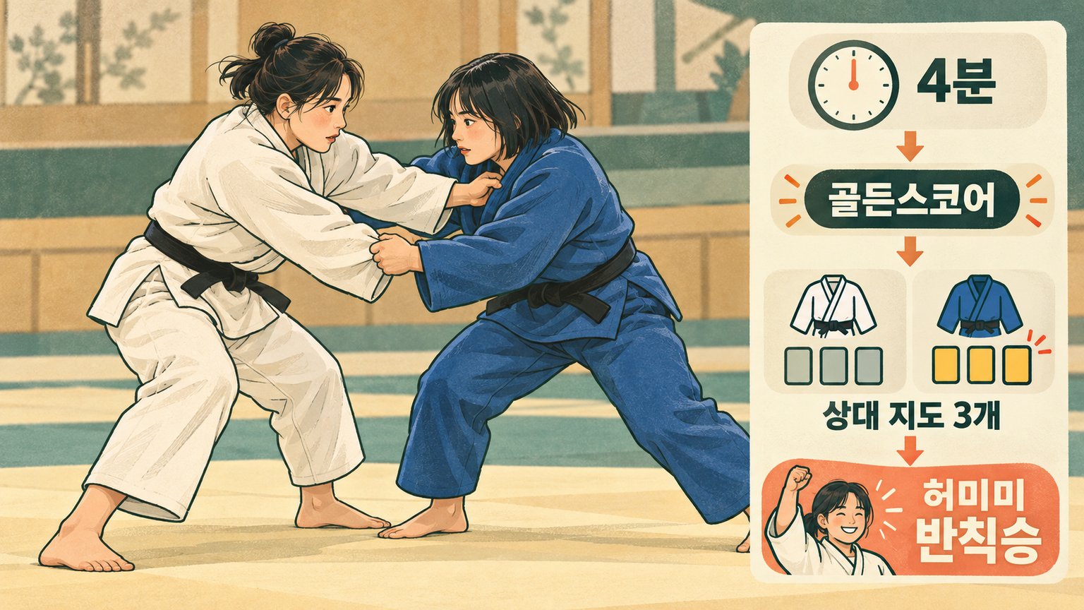 허미미의 동메달 결정전이 연장전에서 상대의 세 번째 지도로 끝나는 과정을 보여준다.