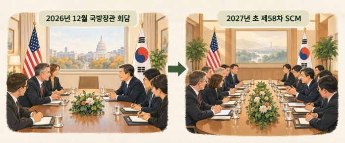 2026년 12월 국방장관 회담과 2027년 초 SCM 예정 일정을 보여준다.