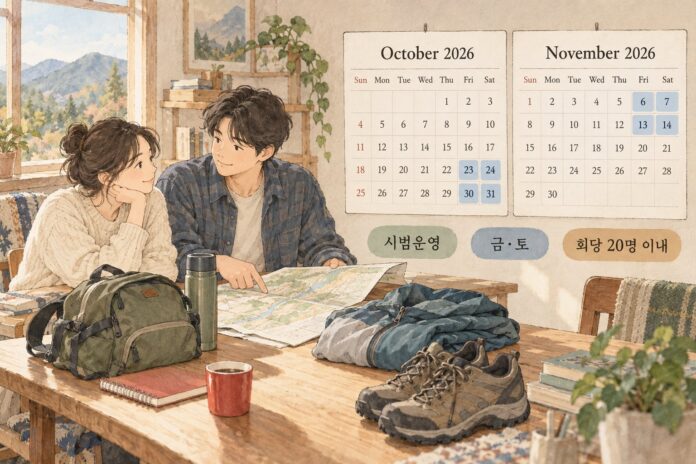 2026년 국립공원 야경 관광의 시범운영 기간과 금·토요일 운영을 나타낸 달력.