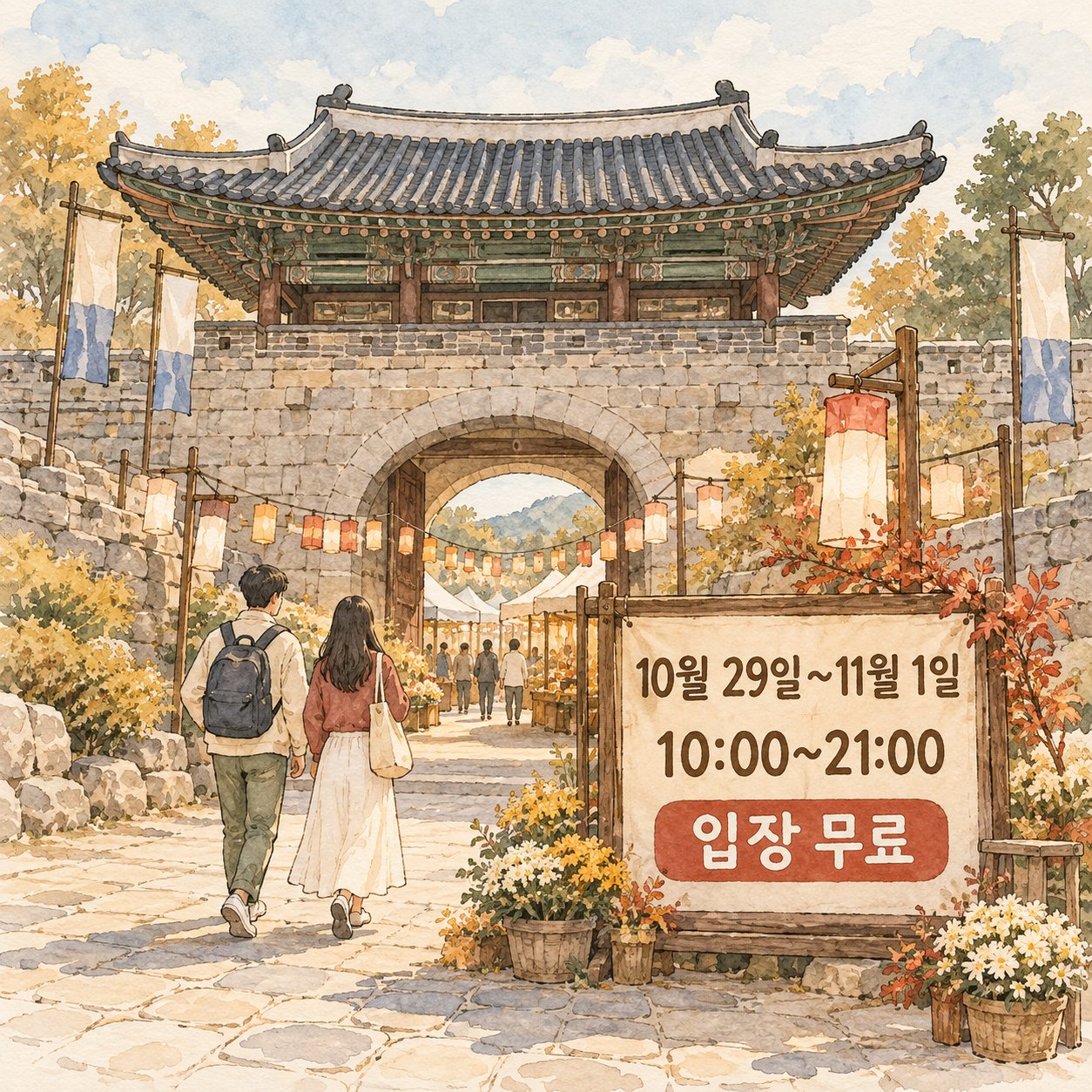 홍주읍성 축제장 입구와 행사 기간, 운영시간, 무료입장 안내를 보여준다.
