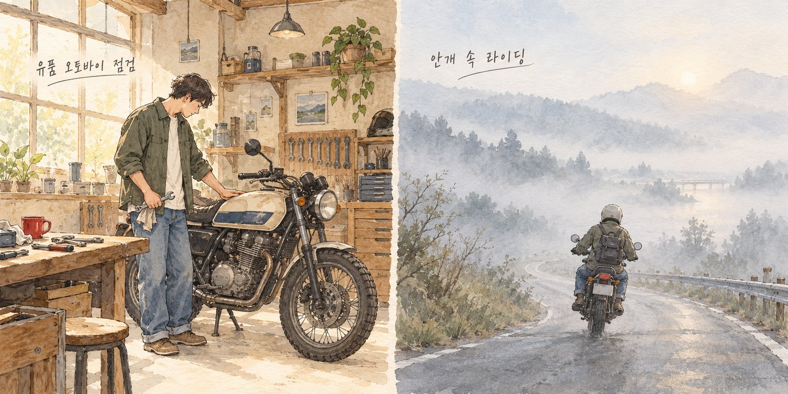 아버지의 유품인 오토바이를 점검하는 모습과 안개 속 라이딩 장면.