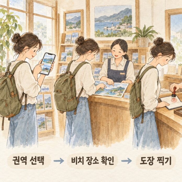 권역과 스탬프 비치 장소를 확인한 뒤 여권에 도장을 찍는 참여 순서