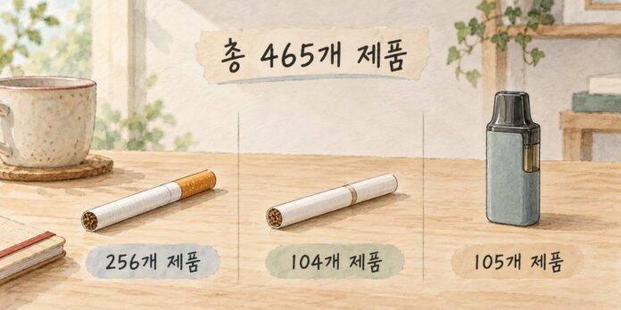공개 대상인 담배 465개 제품을 세 유형과 제품 수로 나눈 구성이다.