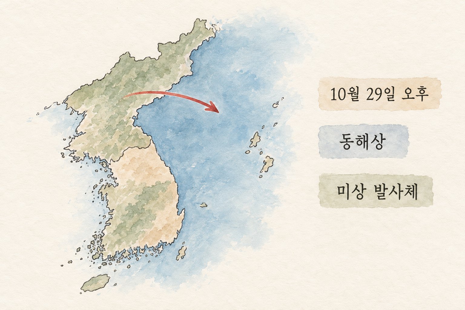 북한의 10월 29일 발사 방향과 미상 발사체라는 초기 발표 내용을 보여준다.