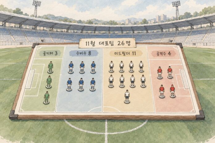 11월 축구 국가대표팀의 포지션별 소집 인원을 보여주는 구성도다.