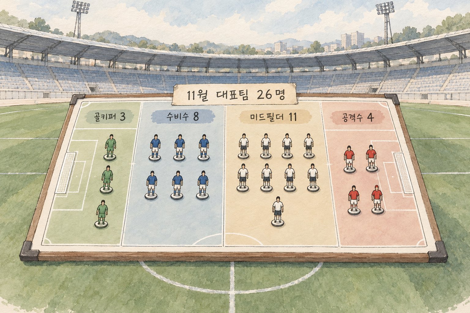 11월 축구 국가대표팀의 포지션별 소집 인원을 보여주는 구성도다.
