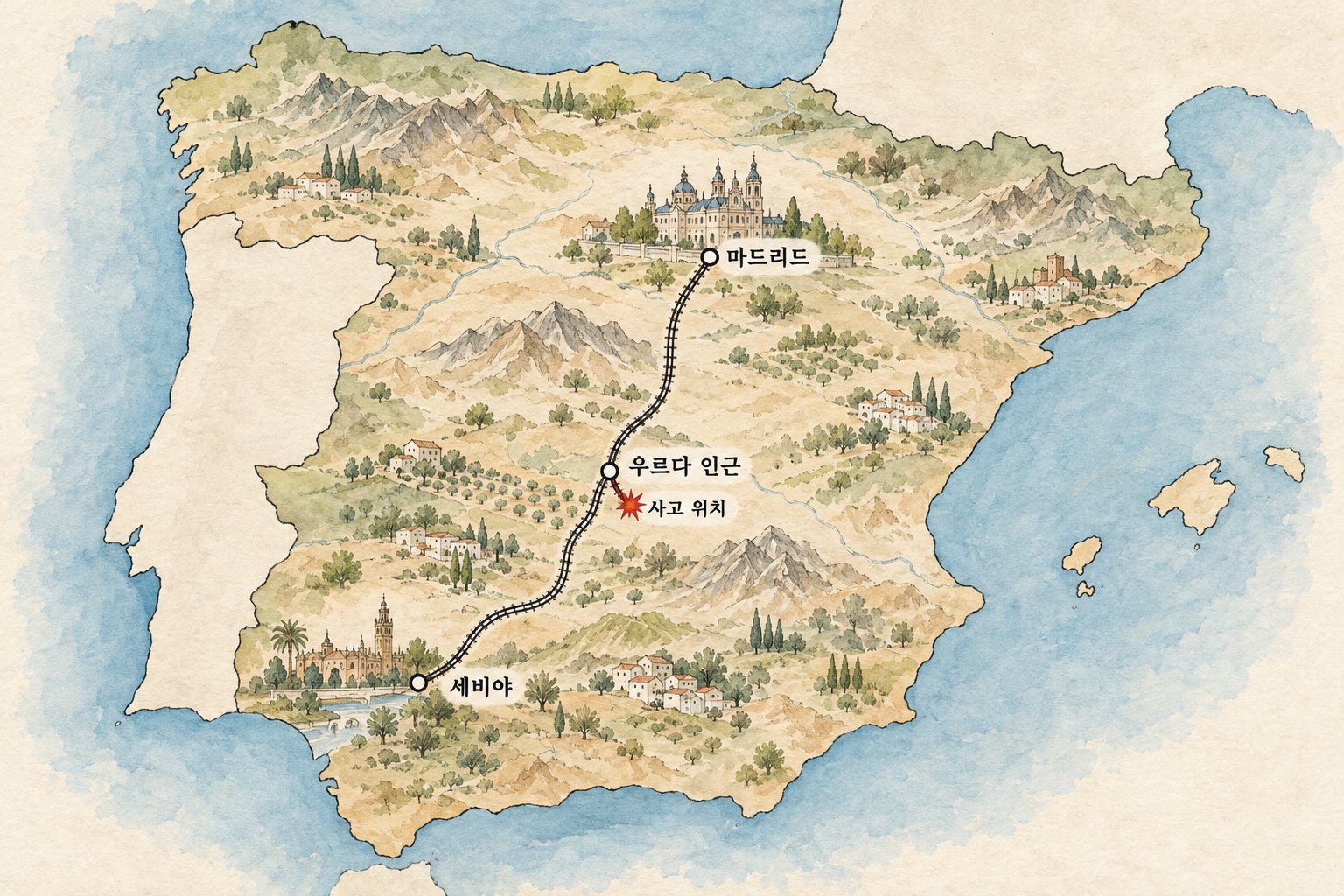 마드리드와 세비야 사이 우르다 인근의 사고 위치를 표시한 지도입니다.