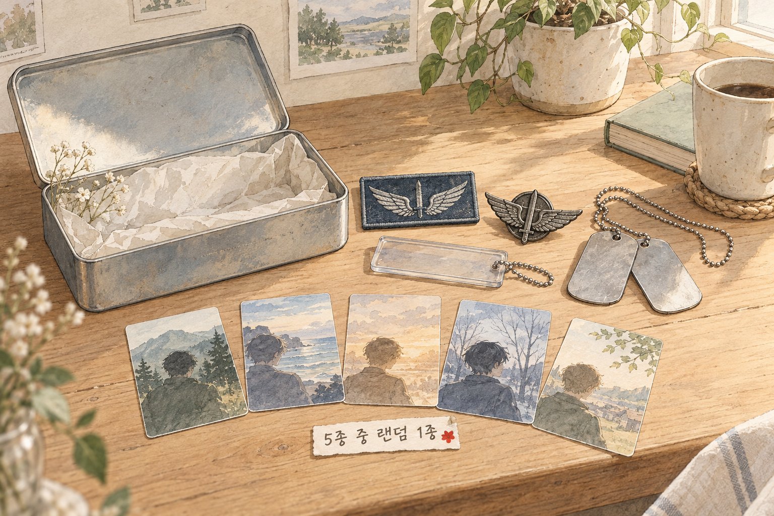 조사병단 키트의 구성품과 다섯 캐릭터 중 하나가 랜덤으로 제공되는 조건을 보여줍니다.
