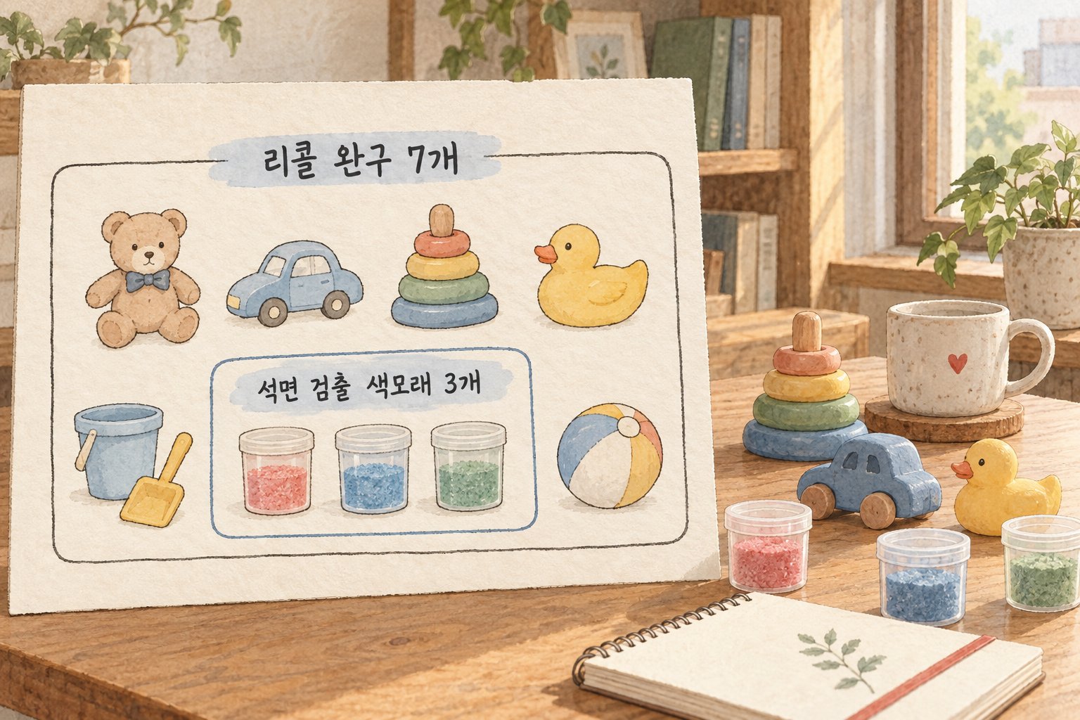 리콜 완구 7개 가운데 석면이 검출된 색모래가 3개라는 관계를 보여준다.