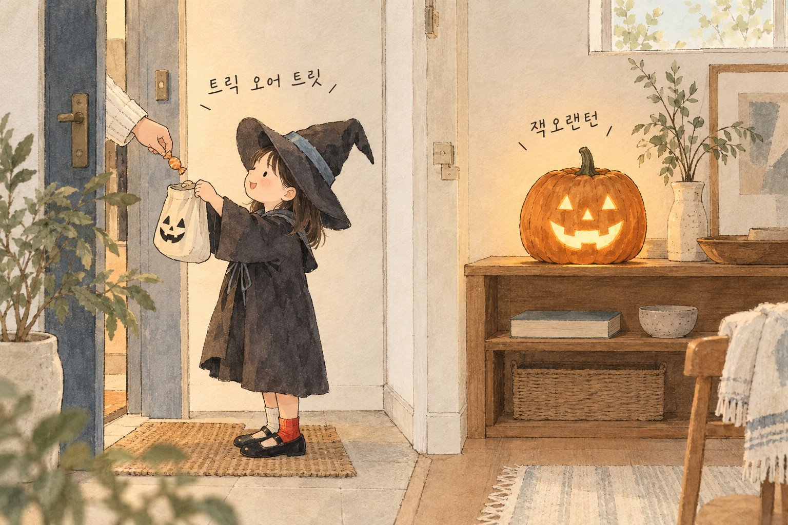 사탕을 받는 트릭 오어 트릿 풍습과 호박등인 잭오랜턴을 나란히 보여준다.