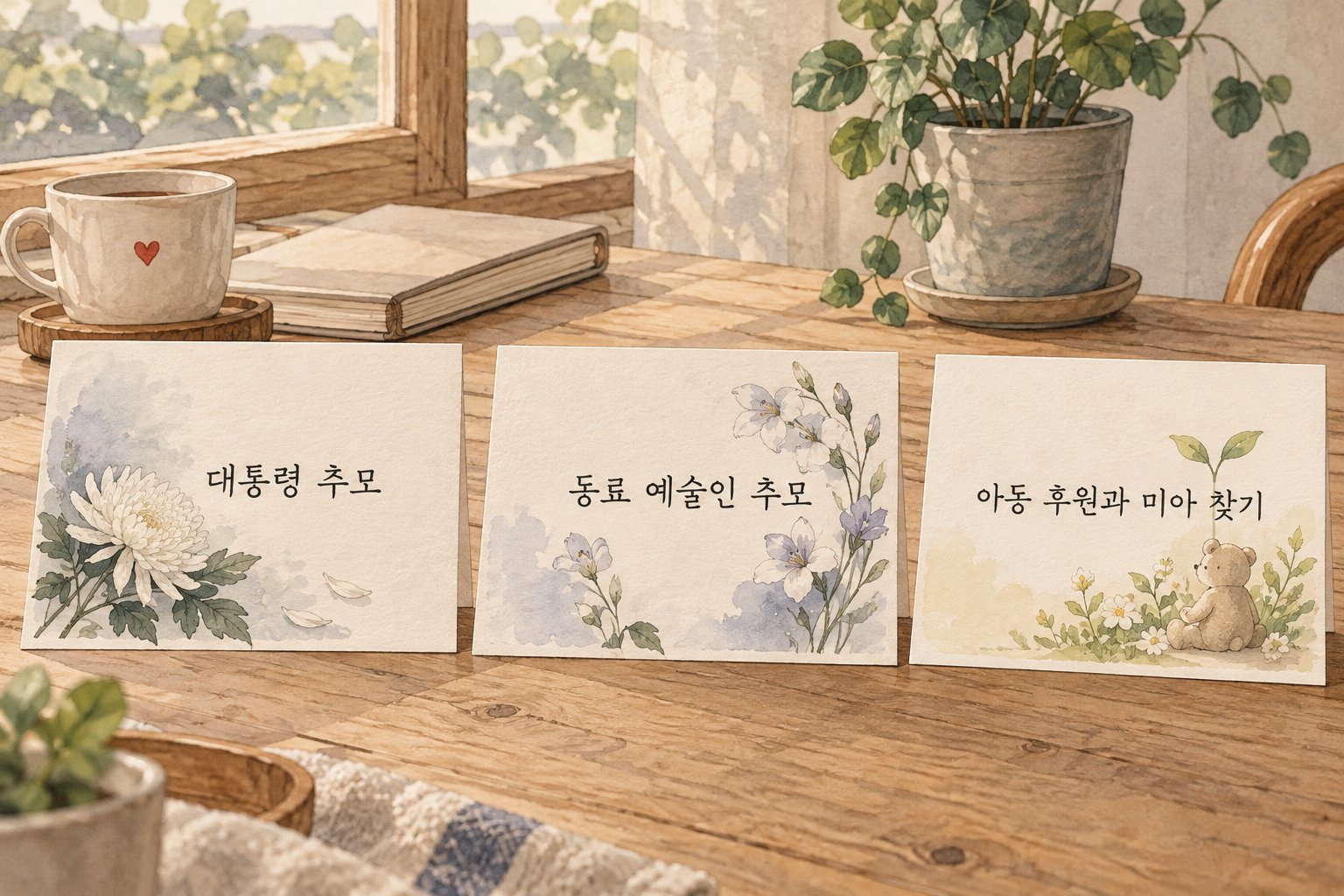 대통령과 동료 예술인의 추모 및 아동 후원 활동을 세 장의 카드로 보여준다.