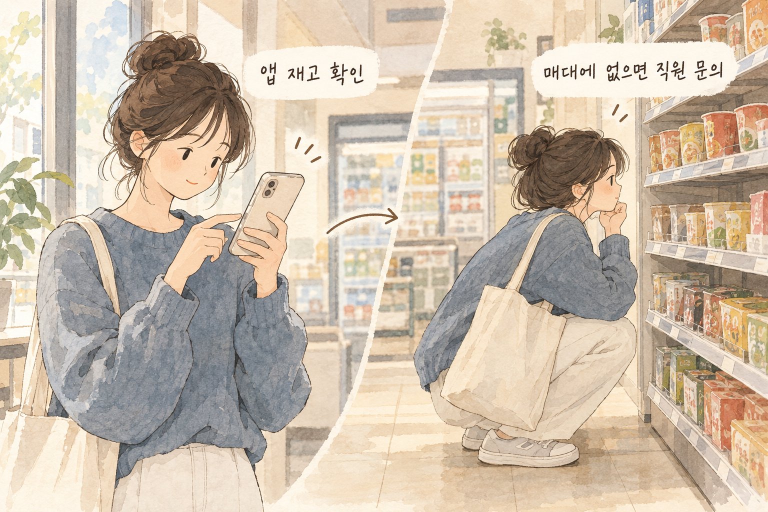 편의점 앱에서 볶음너구리 재고를 확인하고 매장에서 제품을 찾는 과정이다.