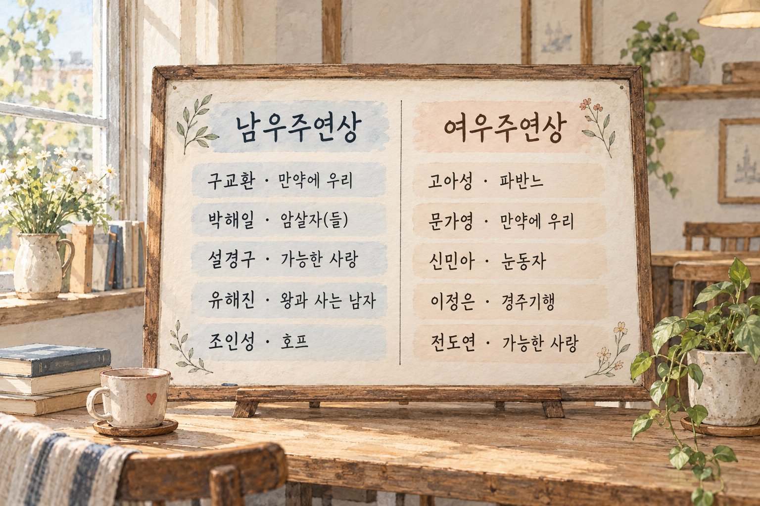 남우주연상과 여우주연상 후보의 이름과 작품명을 비교한다.