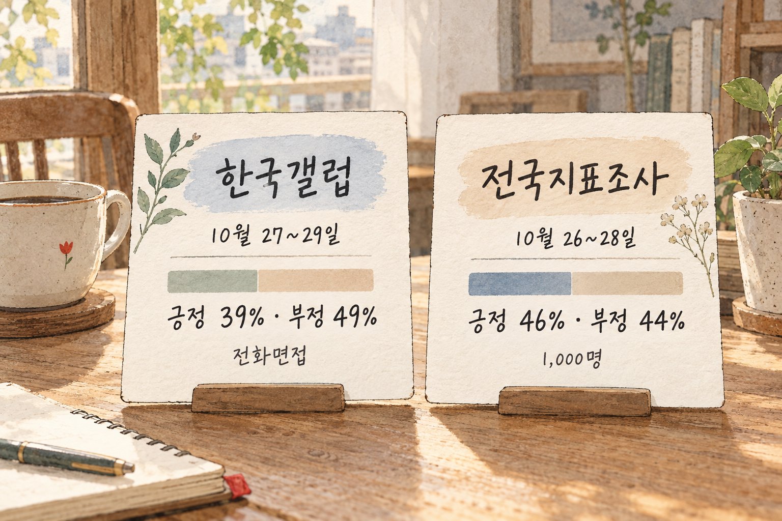 10월 말 한국갤럽과 전국지표조사의 조사 기간과 대통령 평가 수치를 비교한다.