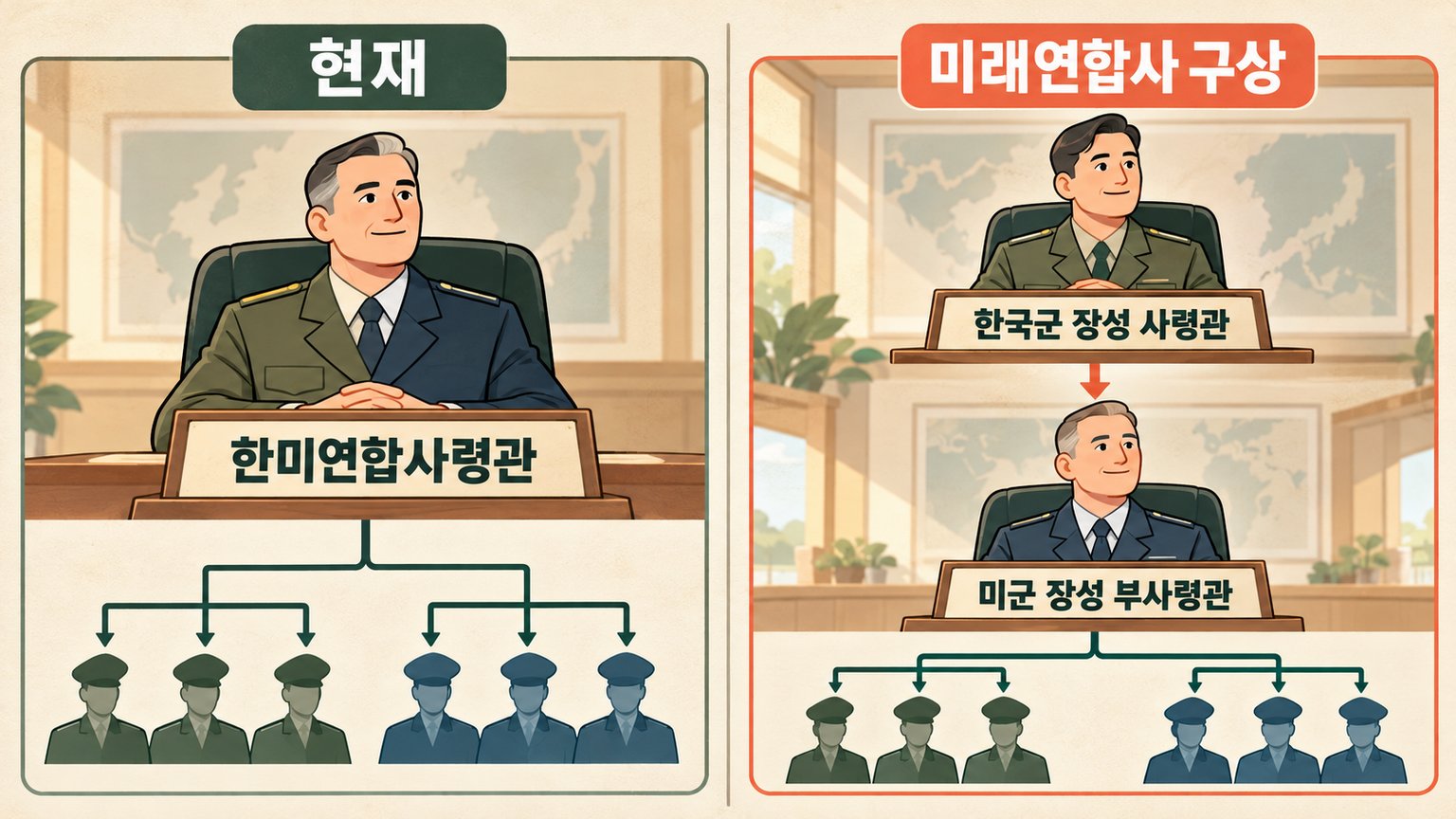 현재 연합사 지휘체계와 한국군 사령관이 이끄는 미래연합사 구상을 비교한다.