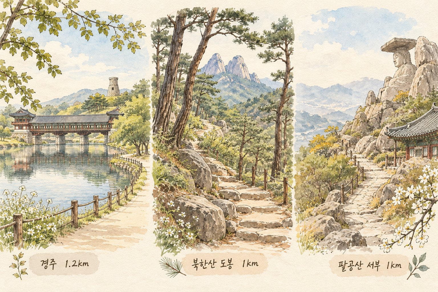 경주·북한산·팔공산 야경 관광의 세 탐방 구간과 거리를 비교한 그림.