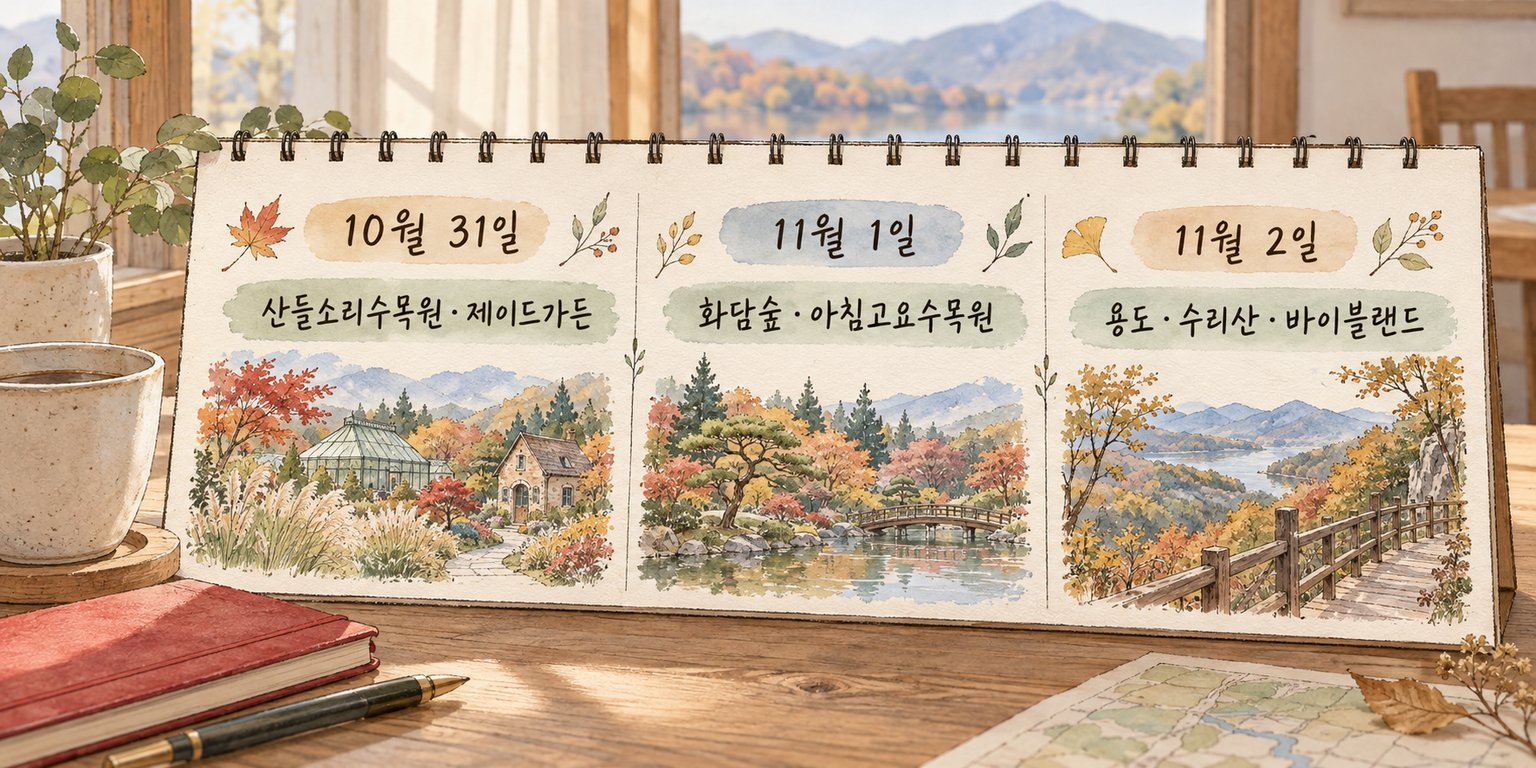 경기도와 강원도 주요 수목원의 단풍 절정 예상일을 날짜별로 비교한 일정표