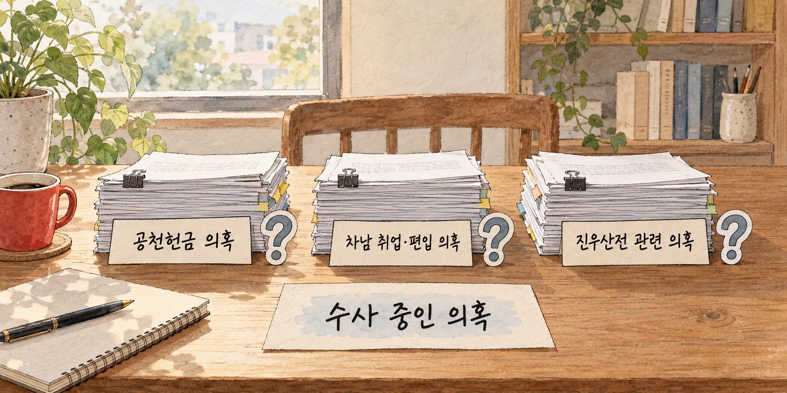경찰이 확인하는 공천헌금, 차남 취업·편입, 진우산전 관련 의혹을 구분해 보여준다.
