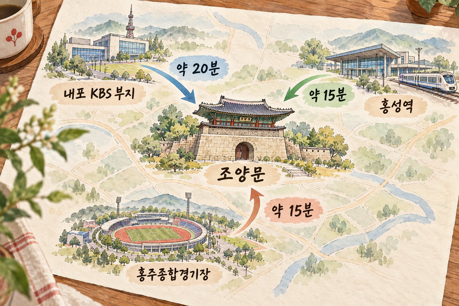 내포 KBS 부지, 홍성역, 홍주종합경기장에서 조양문으로 가는 셔틀 경로와 배차 간격을 비교한다.
