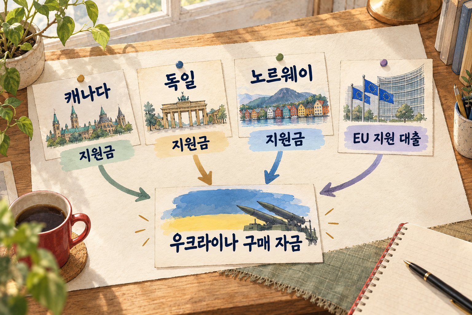 지원금과 EU 대출이 우크라이나의 패트리엇 구매 자금으로 이어지는 구조를 보여준다.