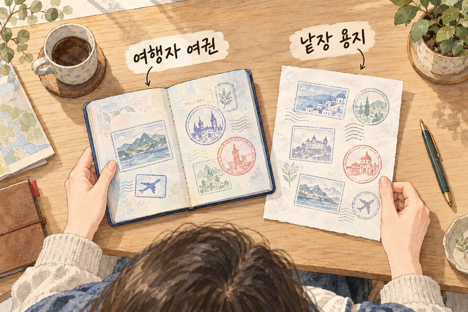 스탬프를 기록할 수 있는 여행자 여권과 낱장 용지