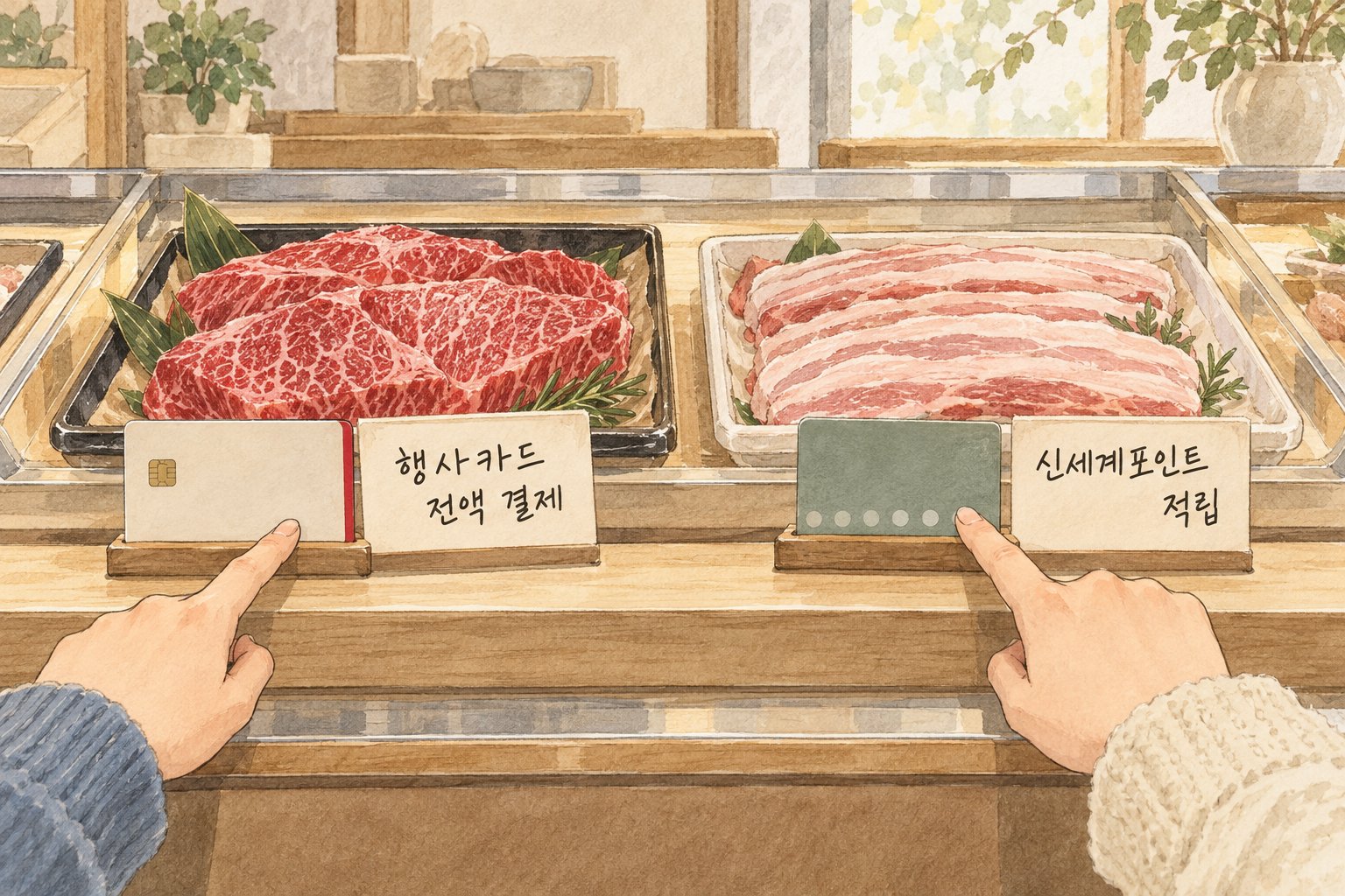 한우와 삼겹살의 서로 다른 할인 조건을 비교한 모습이다.