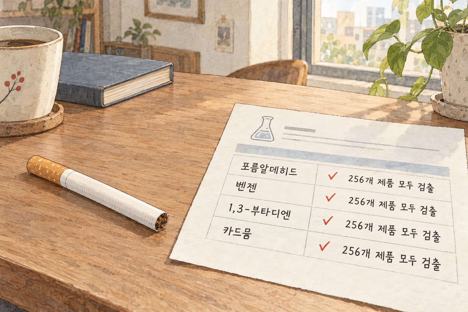 일반 궐련 256개 제품에서 모두 검출된 1군 발암물질 네 종류를 보여준다.