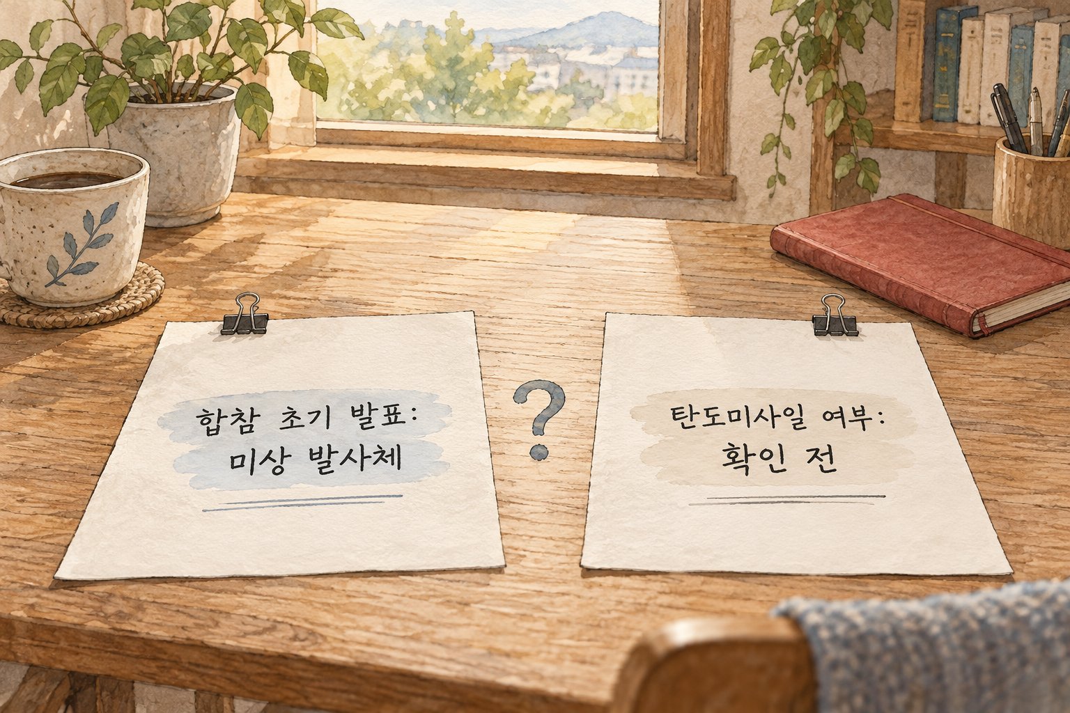 합참의 미상 발사체 발표와 탄도미사일 여부가 확인되지 않은 상태를 비교한다.