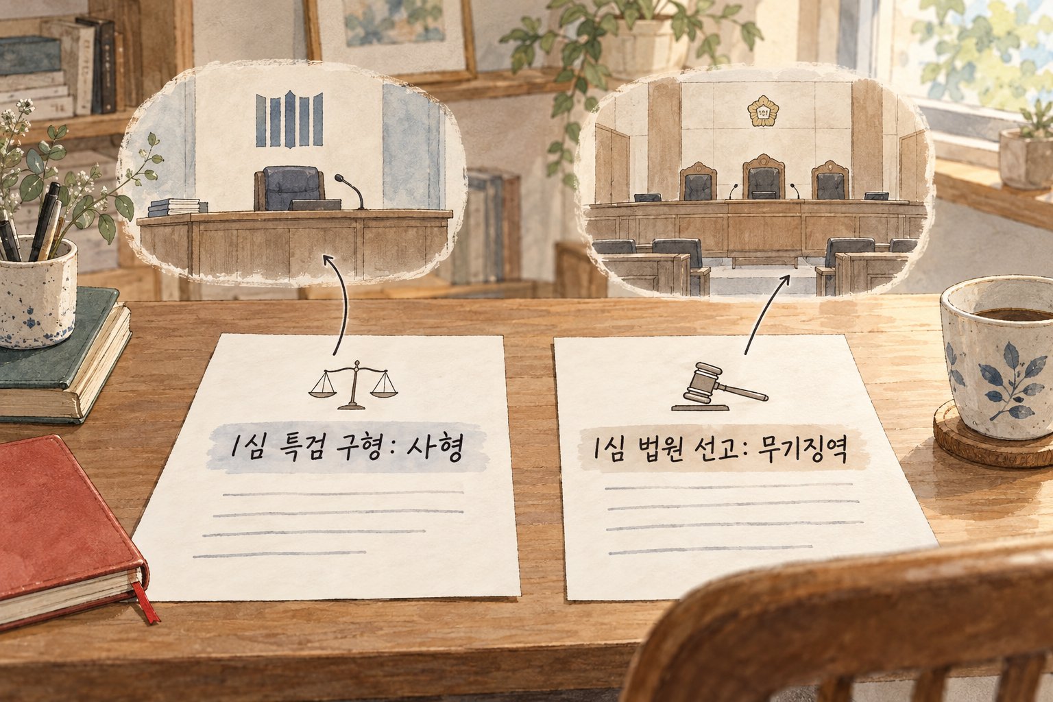 윤석열 전 대통령의 1심 사형 구형과 무기징역 선고를 비교한다.