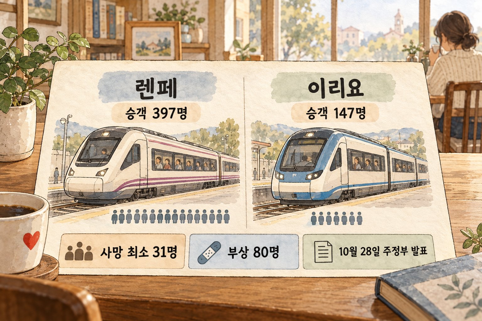 두 열차의 승객 수와 10월 28일 주정부의 잠정 사망자·부상자 집계를 비교한 그림입니다.
