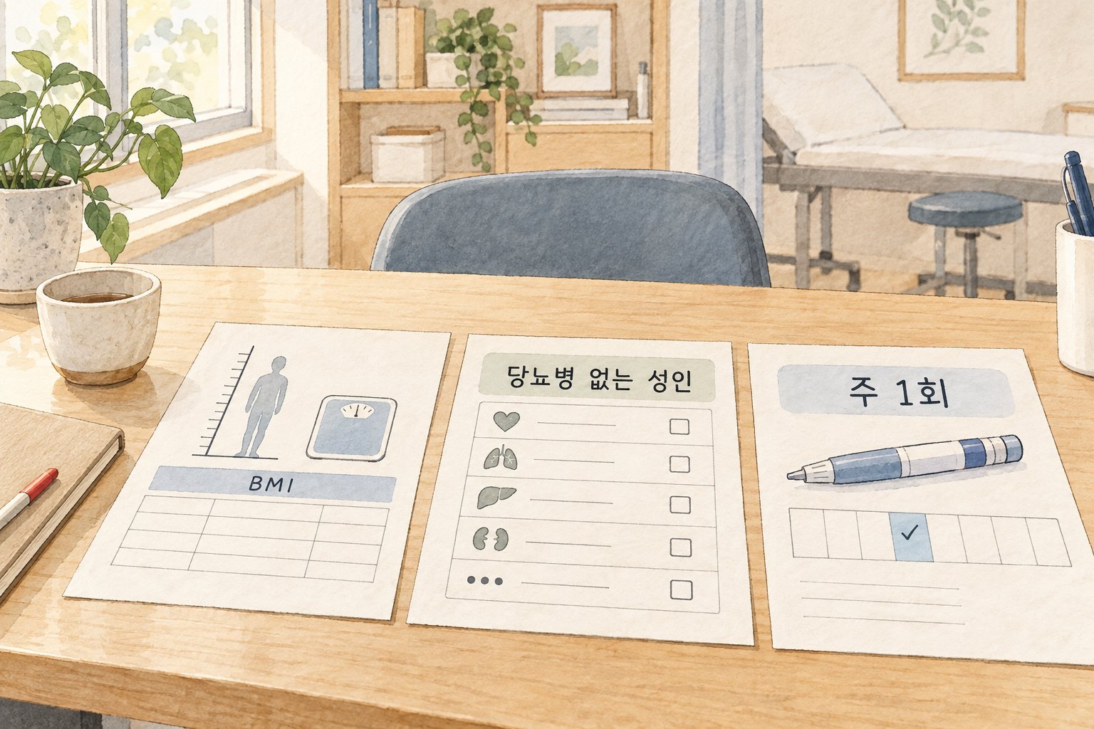 에페 처방 상담에 필요한 BMI와 동반질환 기록, 주사 일정표.