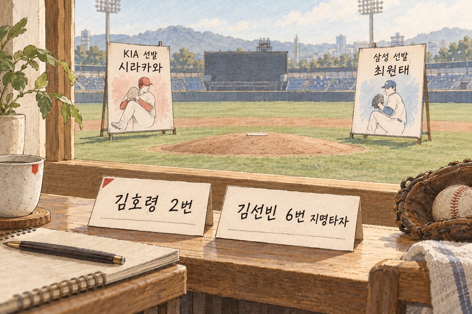 삼성전 3차전의 선발 투수와 KIA 타순 변경을 보여준다.