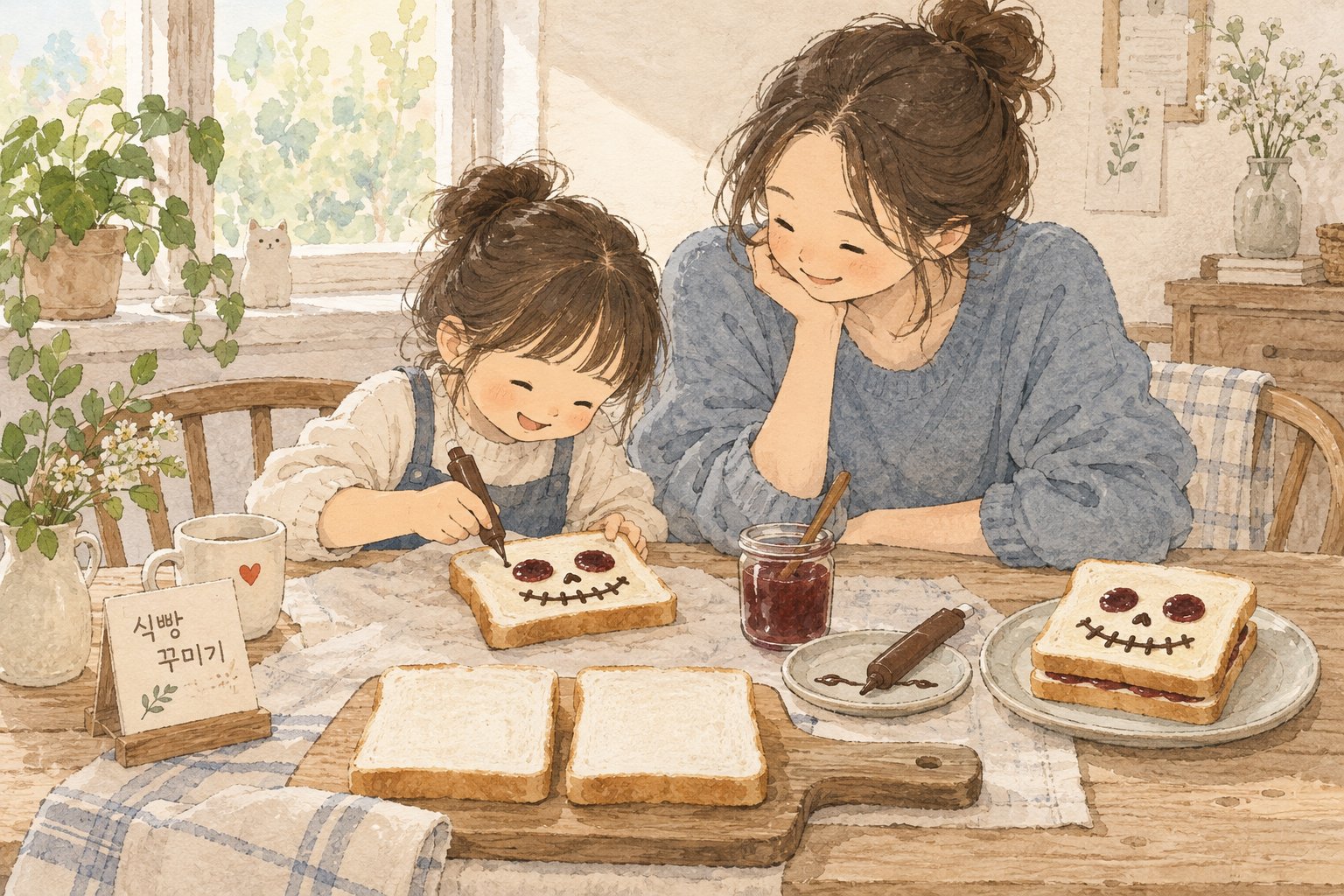 보호자와 아이가 식빵과 잼으로 해골 얼굴 샌드위치를 만드는 모습이다.