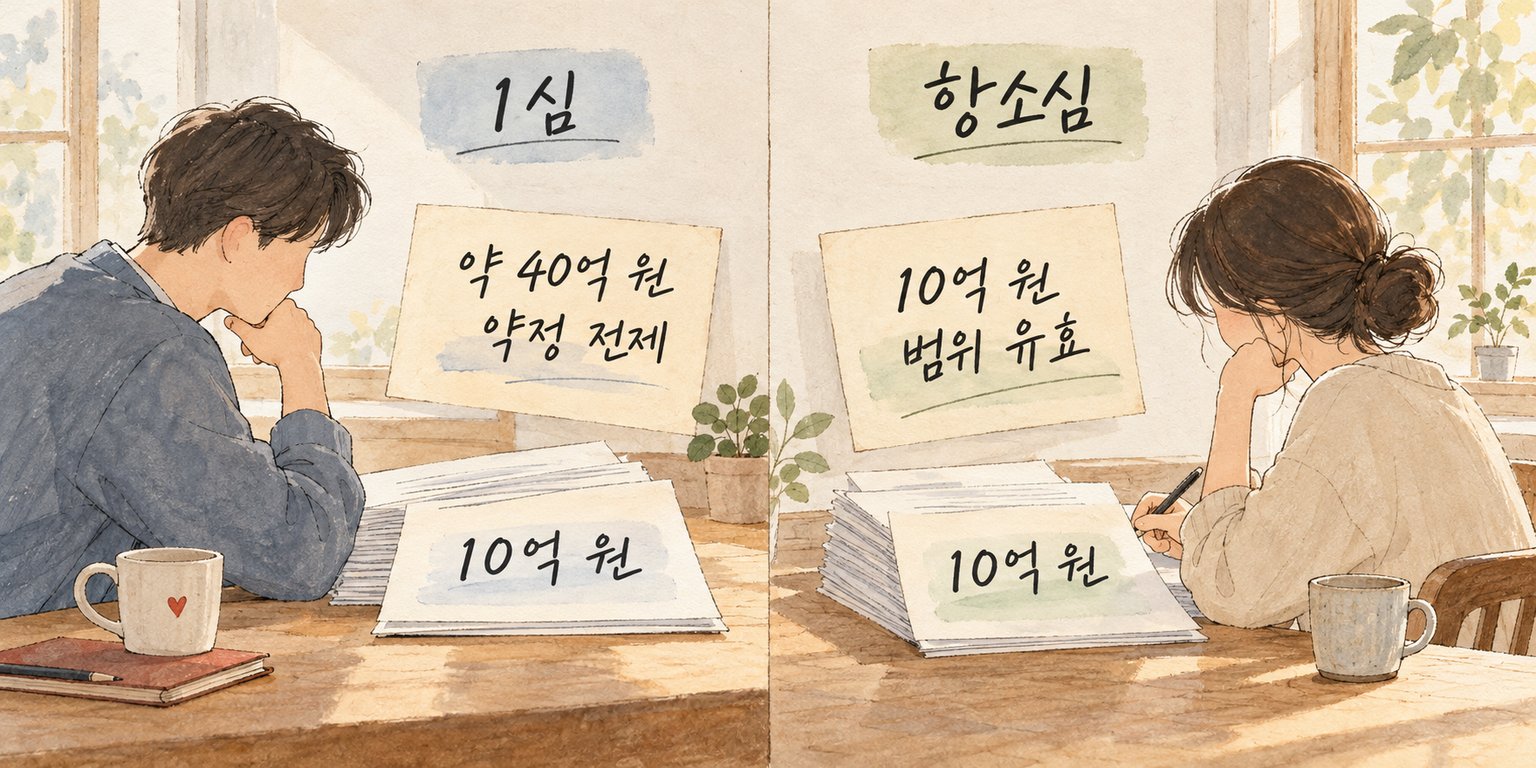 1심과 항소심의 지급액은 같지만 위약벌 약정의 유효 범위에 대한 판단이 달랐음을 비교한다.