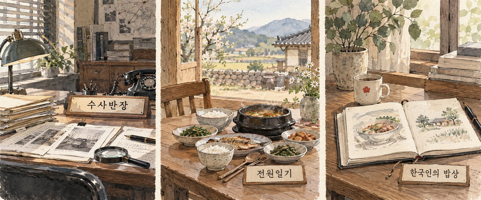 수사반장과 전원일기, 한국인의 밥상을 상징하는 소품을 나란히 보여준다.
