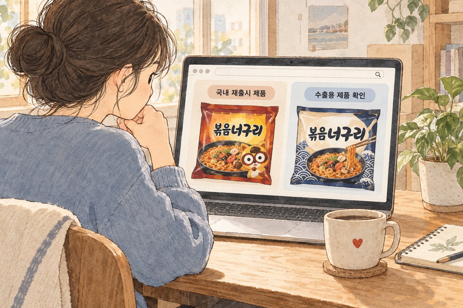 온라인에서 볶음너구리 상품의 국내 제품 여부와 포장을 확인하는 모습이다.